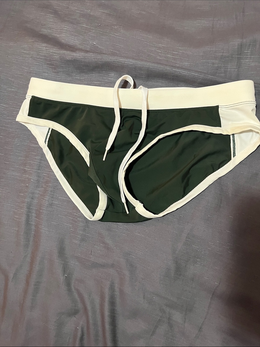 Men's Dark Green Swim Briefs with White Trim and Drawstring